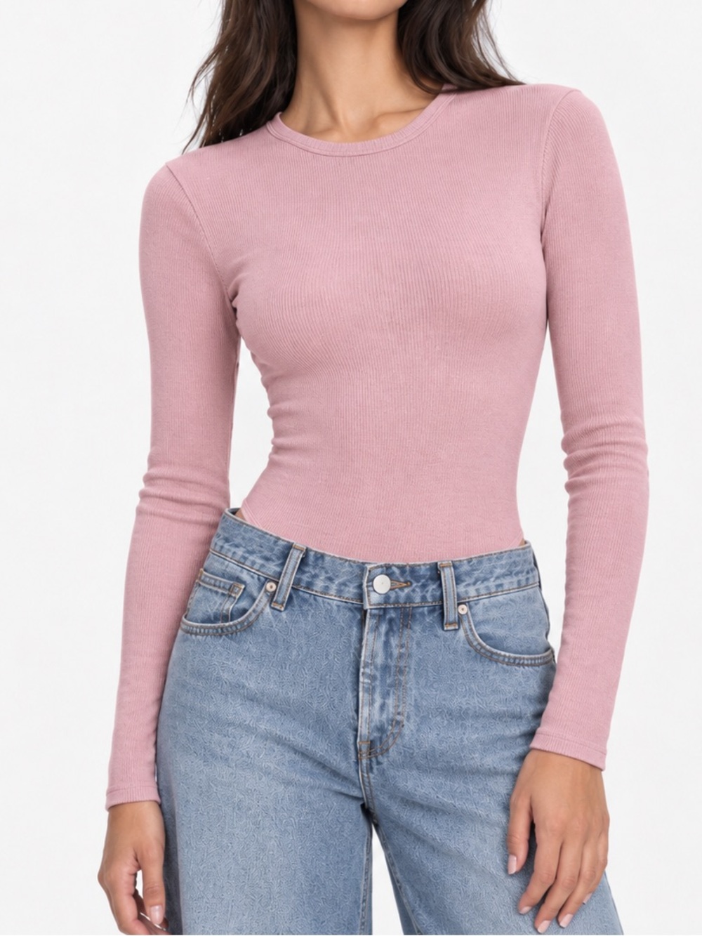 Aritzia Wilfred Ribbed Long Sleeve Bodysuit in Pink